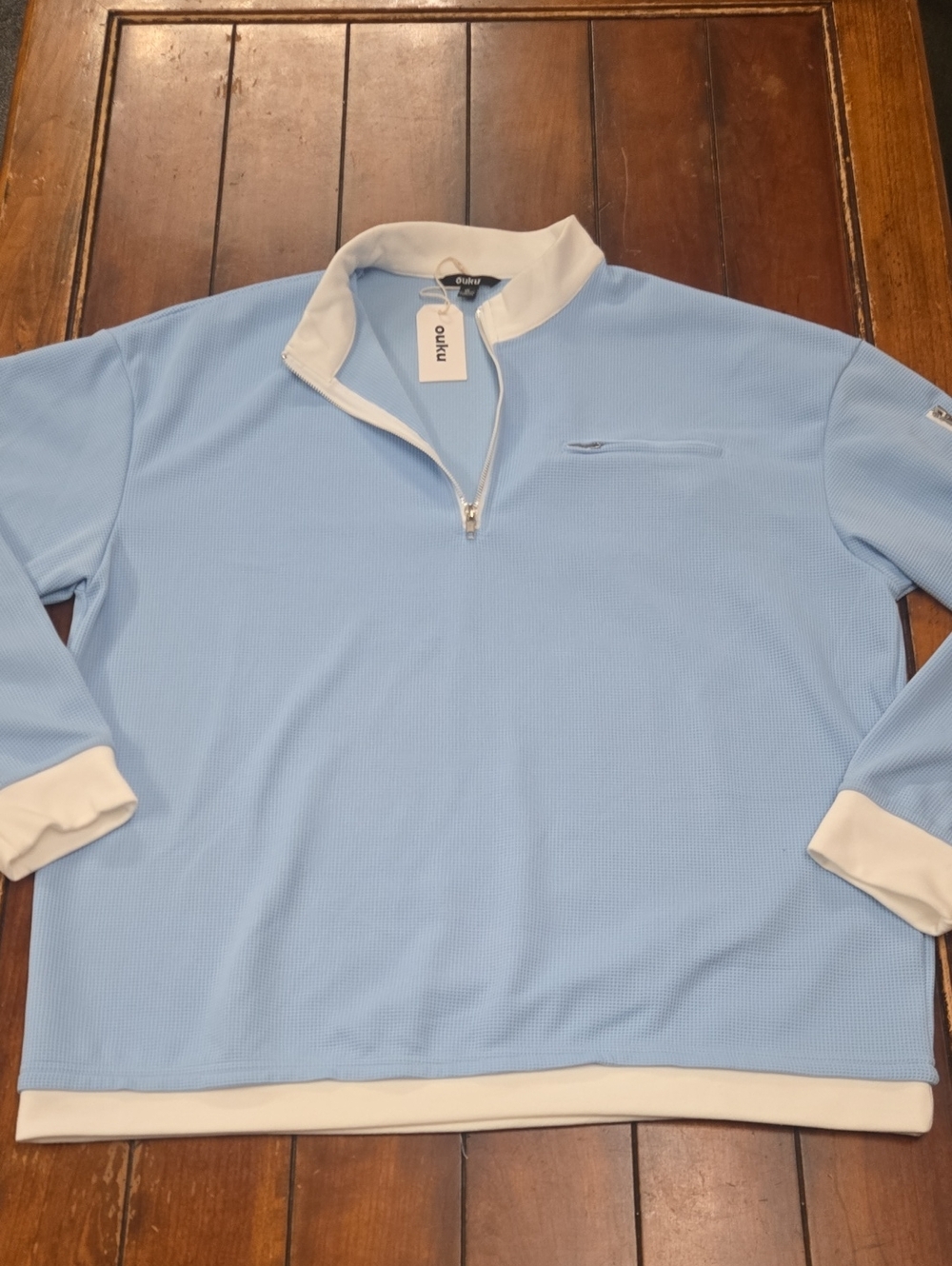OUKU Collared Light Blue Quarter- Zip Sweater with White Trim